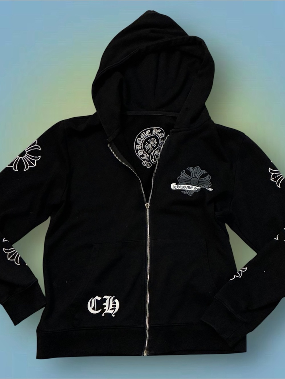 Chrome Hearts Inspired Black Zip Front Hoodie with White Gothic Accents